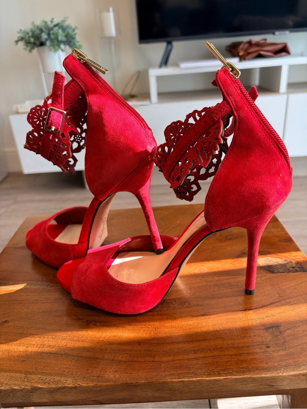Jessica Simpson Red Suede Laser-Cut Ankle Strap Heels